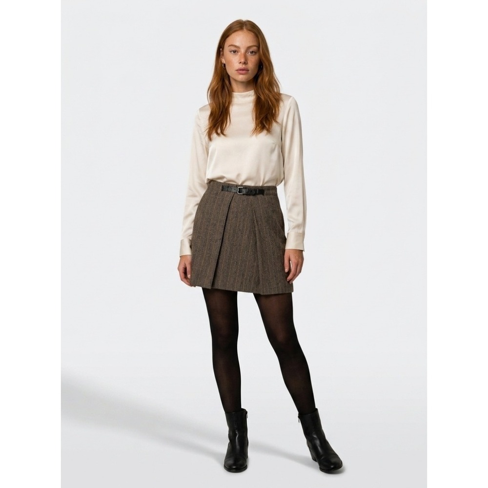 Max Studio London Herringbone Wrap Mini Skirt Size L Brown Plaid Buckle 4707Q13 - Picture 2 of 7